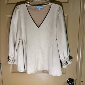 Cream V-Neck Blouse with Ruffled Sleeves